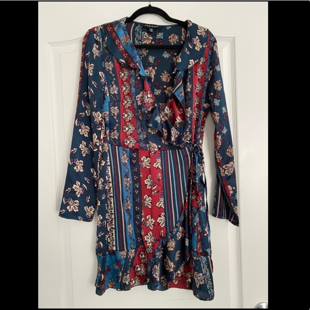 ASOS floral stripe Parisian ruffle wrap dress